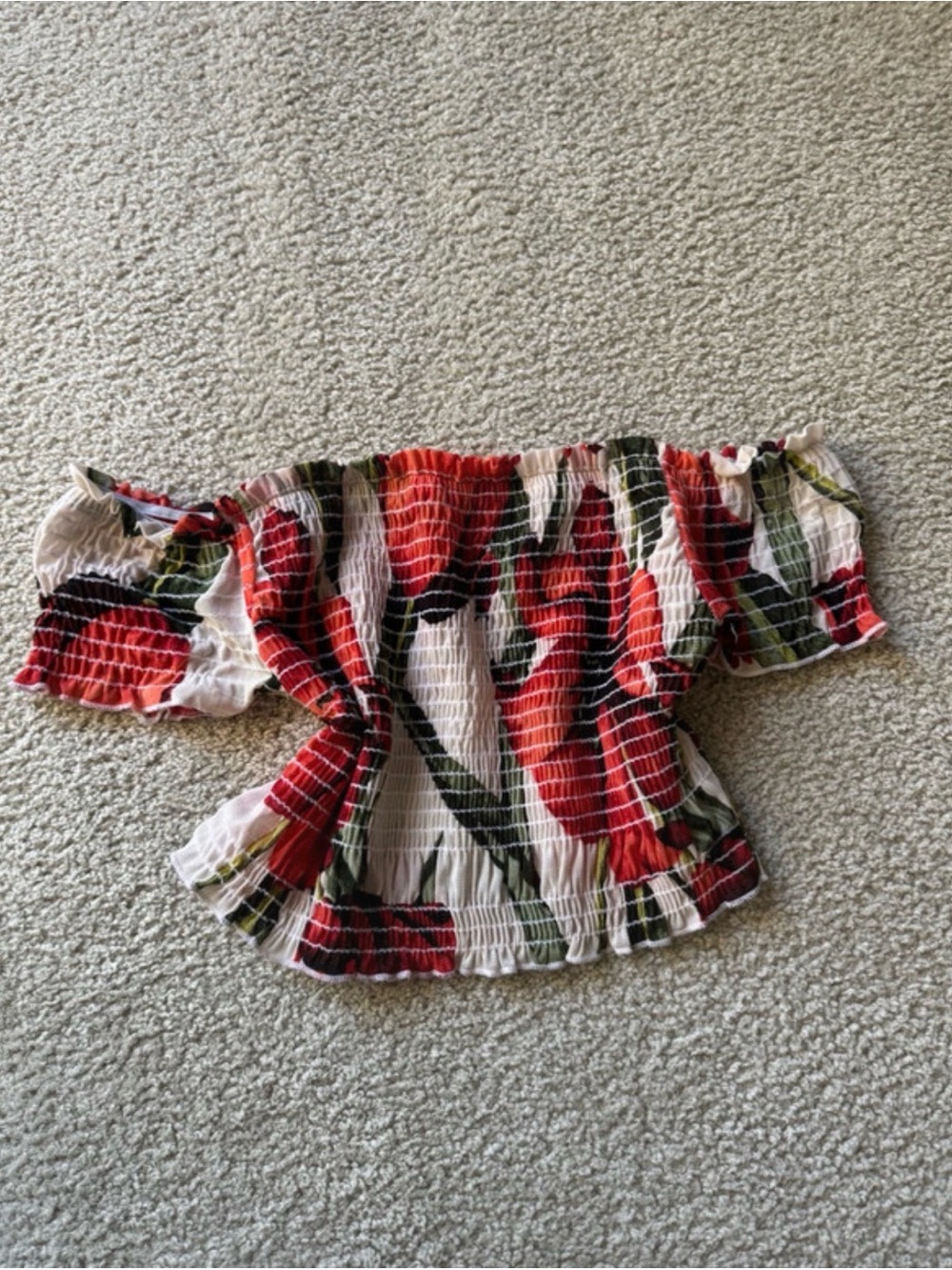 Better Be Off-the-Shoulder Red Floral Smocked Blouse